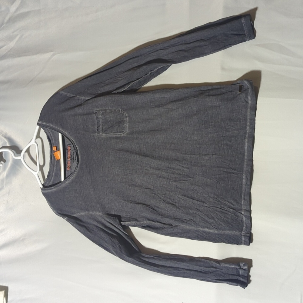 Hugo Boss Orange Label Mens Size Large Grey Distressed Long Sleeve Shirt